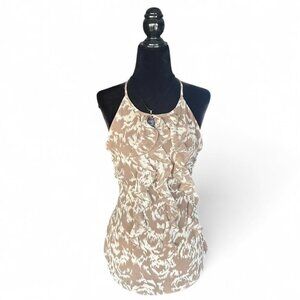 Ann Taylor Brown White Halter Top Ruffle Tie Neck Size 4 Preppy Chic